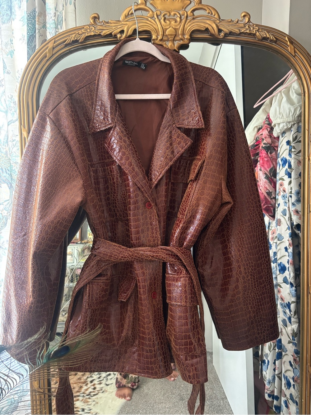 Nasty Gal Brown Faux Croc Belted Trench Jacket